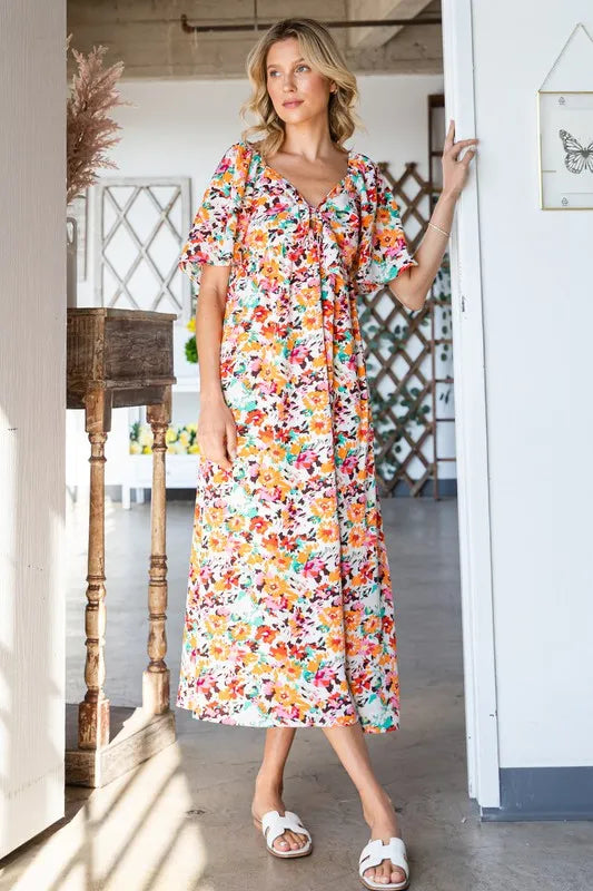 Lime 'N' Chili Floral Print Sweetheart Neck Tie Front Midi Dress ORANGE COMBO