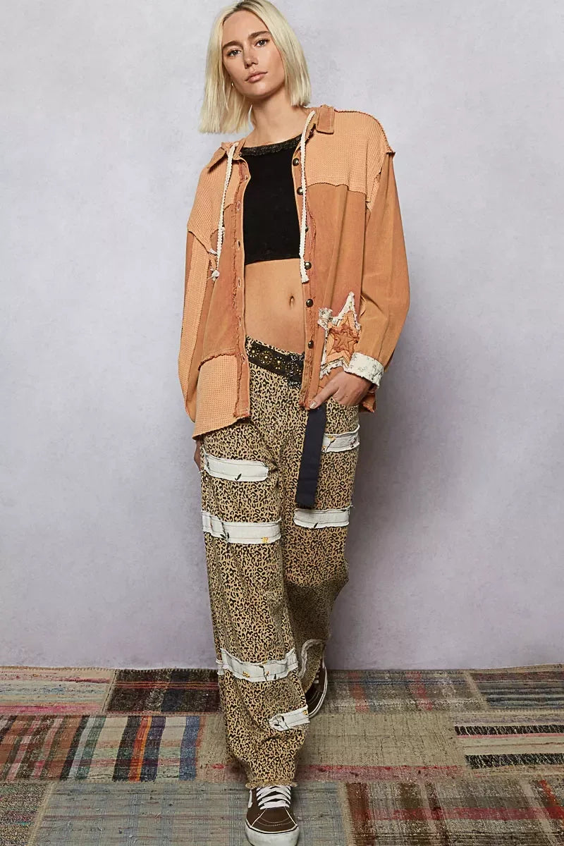 POL Button Down Hooded Jacket with with Star Patch Pattern - DAVERRI FASHIONS