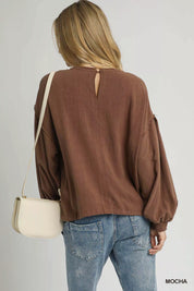 Umgee Linen Long Sleeve Top with Drawstring | Blouses Daverri Fashions