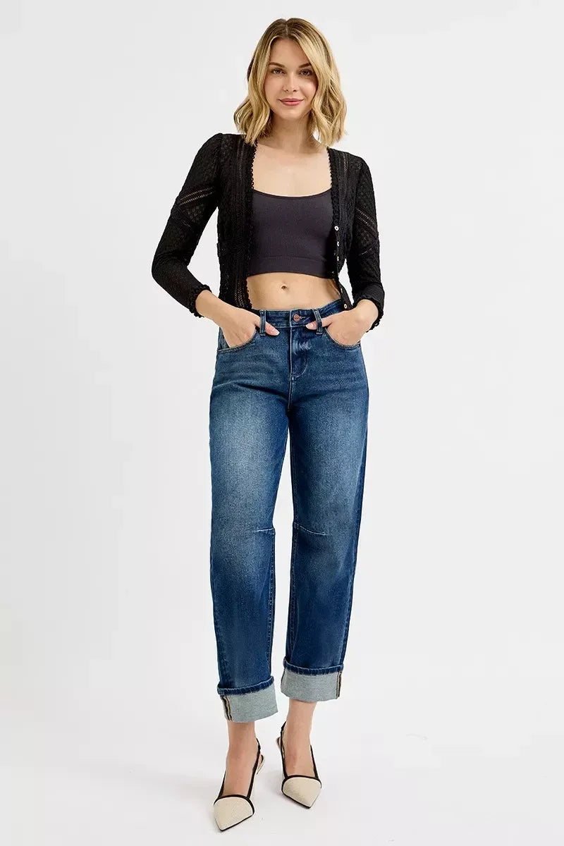 RISEN Slouchy Crop Barrel Cuffed Jeans - DAVERRI FASHIONS
