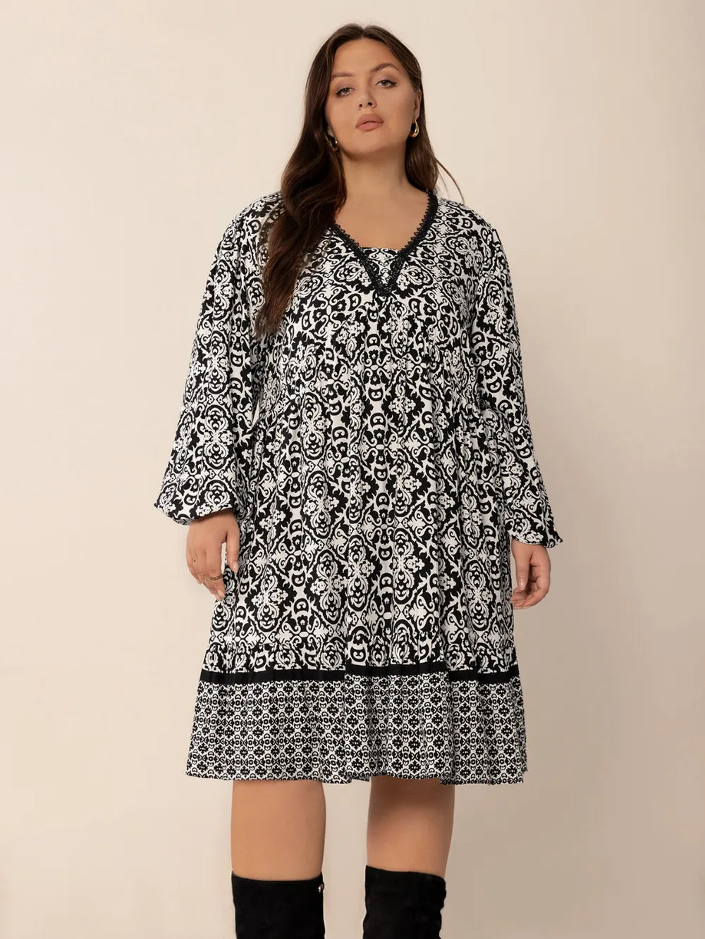 Plus Size Lace Detail Printed Balloon Sleeve Dress | Daverri Fashions