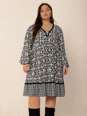 Plus Size Lace Detail Printed Balloon Sleeve Dress | Daverri Fashions