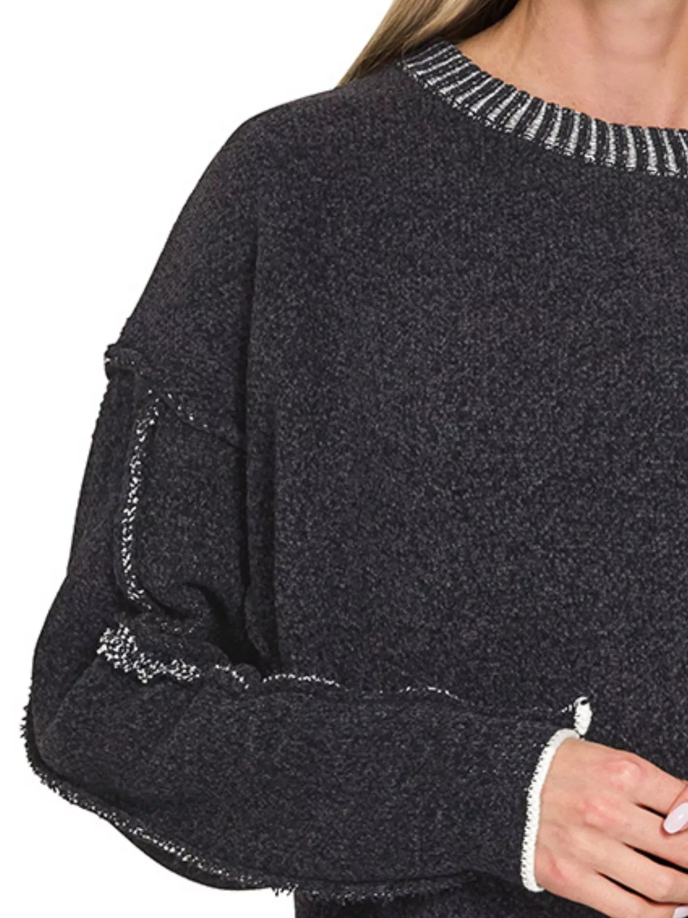 Zenana Exposed Seam Round Neck Two-Tone Sweater | Sweaters Daverri Fashions
