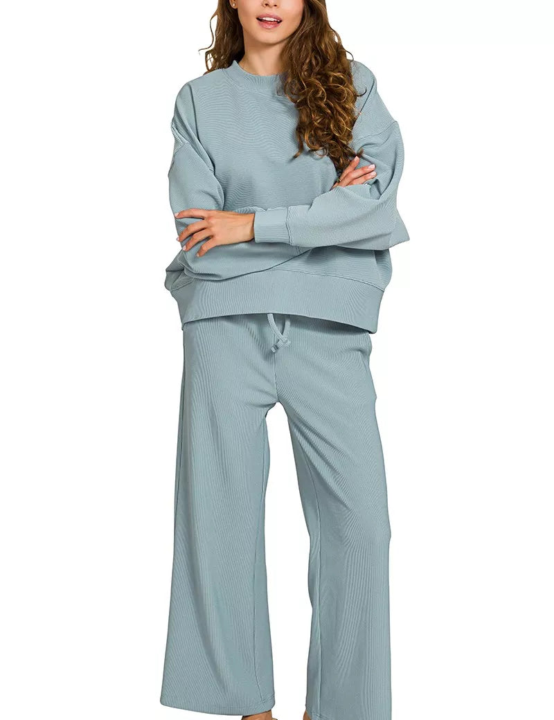 BLUE GREY Zenana Ribbed Round Neck Pullover and Drawstring Pants Set | Loungewear Sets Daverri Fashions