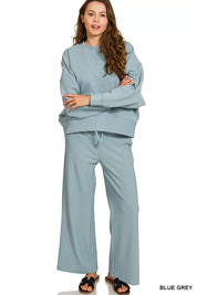 BLUE GREY Zenana Ribbed Round Neck Pullover and Drawstring Pants Set | Loungewear Sets Daverri Fashions