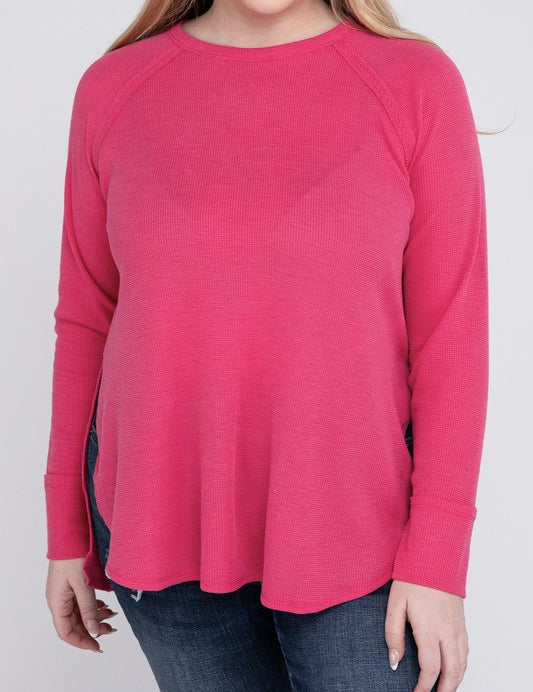 Plus Melange Baby Waffle Long Sleeve Top FUCHSIA Plus Tops