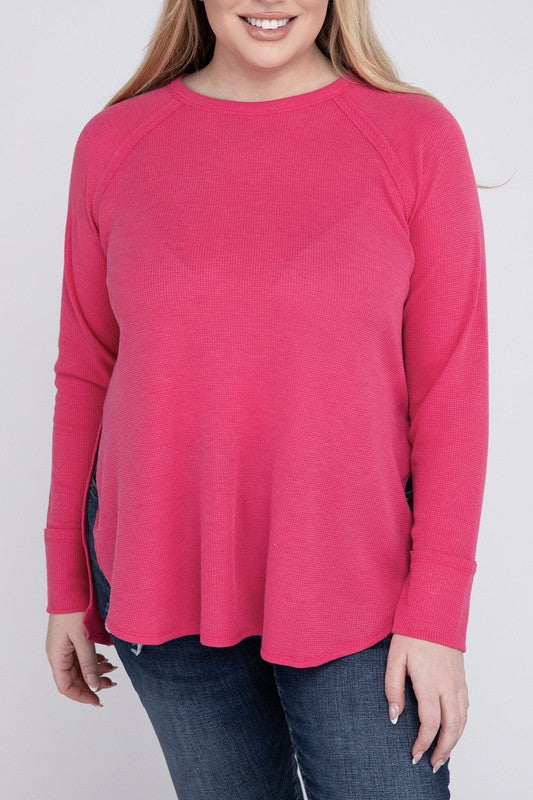 Plus Melange Baby Waffle Long Sleeve Top FUCHSIA Plus Tops