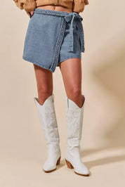SO ME Wrap Braided Trimmed Denim Skort | Skorts Daverri Fashions