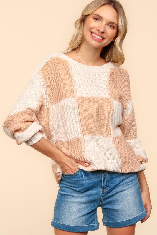 Haptics Full Size Checkered Round Neck Drop Shoulder Sweater Tops