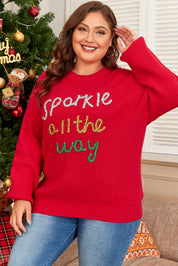 Racing Red Sparkle All The Way Tinsel Crew Neck Plus Size Sweater | Plus Size/Plus Size Sweaters & Cardigans Daverri Fashions