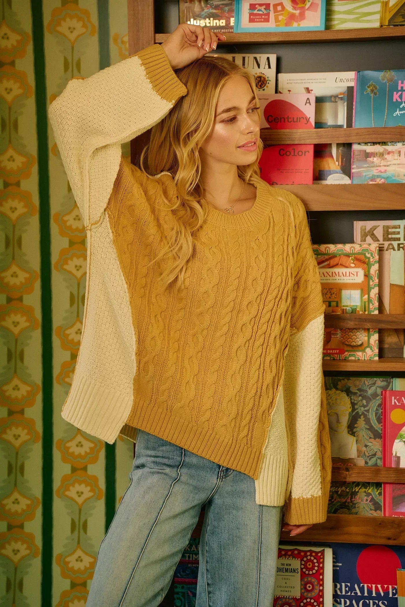 BiBi Cable Knit With Hacci Combo Sweater With Uneven Hem Detail - DAVERRI FASHIONS
