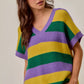 Vibrant SO ME Mardi Gras v-neck striped sweater in green, yellow, purple