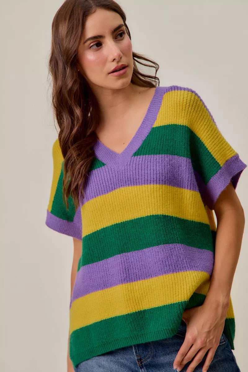 Vibrant SO ME Mardi Gras v-neck striped sweater in green, yellow, purple