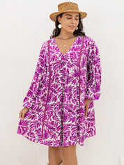 Red-Violet Plus Size Printed V-Neck Balloon Sleeve Mini Dress | Mini Dresses Daverri Fashions