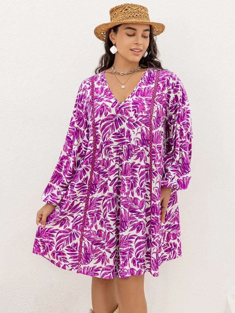 Plus Size Printed V-Neck Balloon Sleeve Mini Dress - DAVERRI FASHIONS