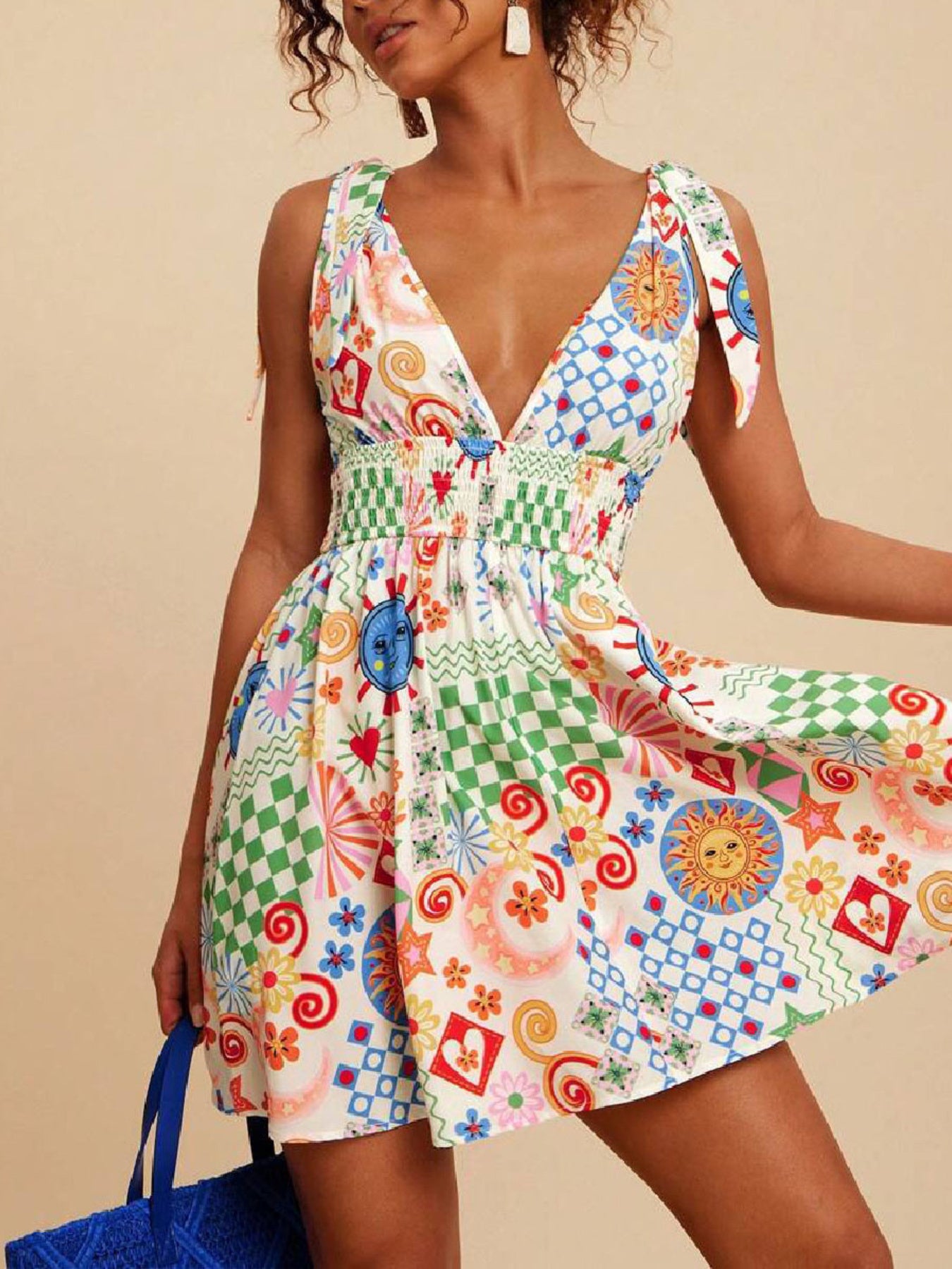Daverri V-neck sleeveless smocked waist printed mini dress, colorful patchwork