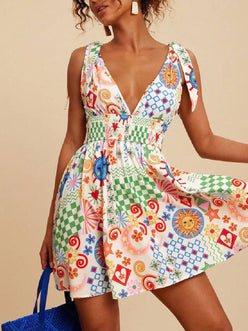 Daverri V-neck sleeveless smocked waist printed mini dress, colorful patchwork