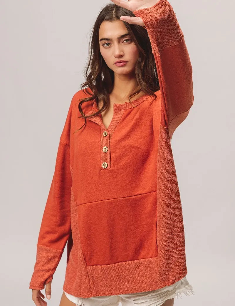 BiBi French Terry Knit Side Block Buttoned Henley Top | Knit Tops Daverri Fashions