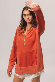 BiBi French Terry Knit Side Block Buttoned Henley Top | Knit Tops Daverri Fashions