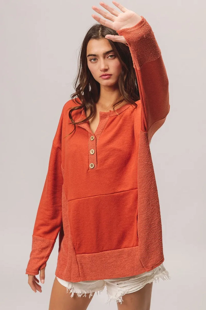 BiBi French Terry Knit Side Block Buttoned Henley Top | Knit Tops Daverri Fashions