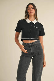 MABLE Button Down Contrast Collared Knit Cardigan | Daverri Fashions