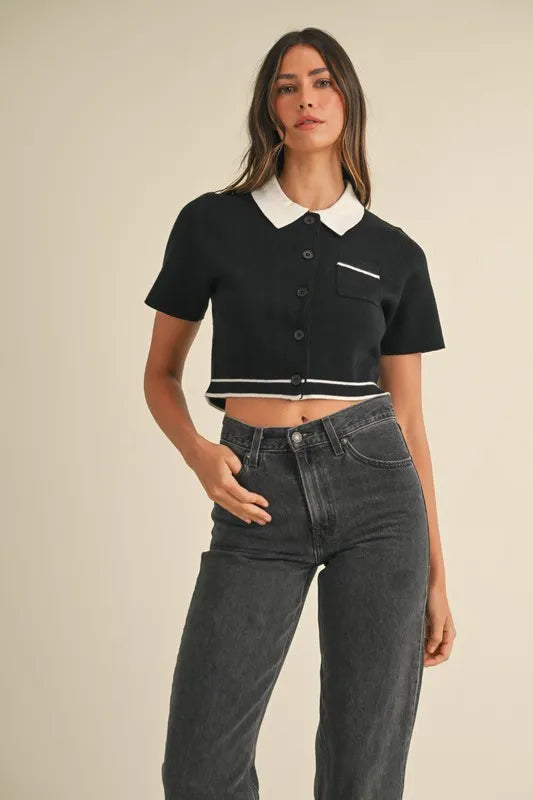 MABLE Button Down Contrast Collared Knit Cardigan