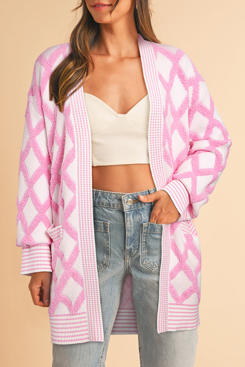 Pink Rhombus Pattern Open Front Pocketed Knit Cardigan