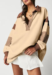 Daverri Fashions Color Block Johnny Collar Long Sleeve Sweatshirt - DAVERRI FASHIONS