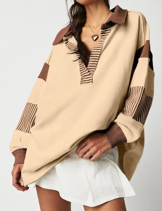 Daverri Fashions Color Block Johnny Collar Long Sleeve Sweatshirt - DAVERRI FASHIONS