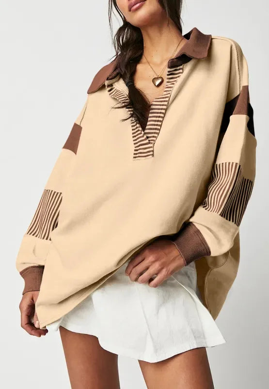 Daverri Fashions Color Block Johnny Collar Long Sleeve Sweatshirt - DAVERRI FASHIONS