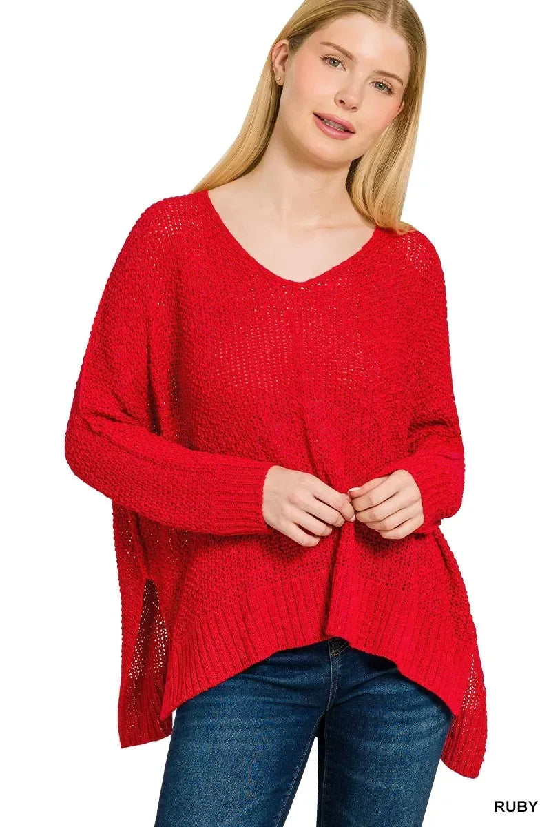 Zenana Dolman Sleeve V-Neck Sweater - DAVERRI FASHIONS