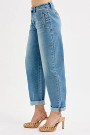 RISEN Full Size Mid Rise Fit Barrel Roll Up Jeans | Jeans Daverri Fashions