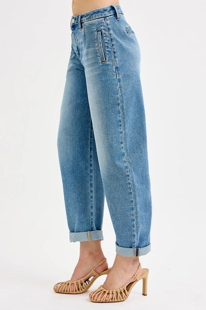 RISEN Full Size Mid Rise Fit Barrel Roll Up Jeans Jeans