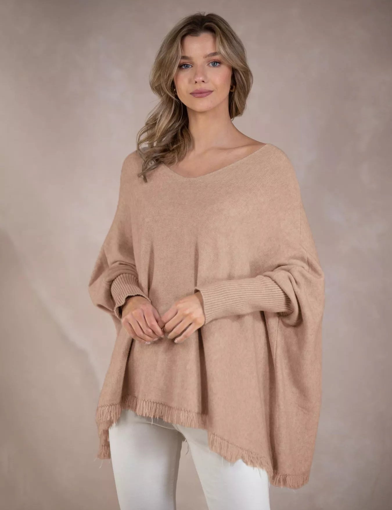 Khaki One Size Raw Hem V-Neck Sweater | Sweaters Daverri Fashions