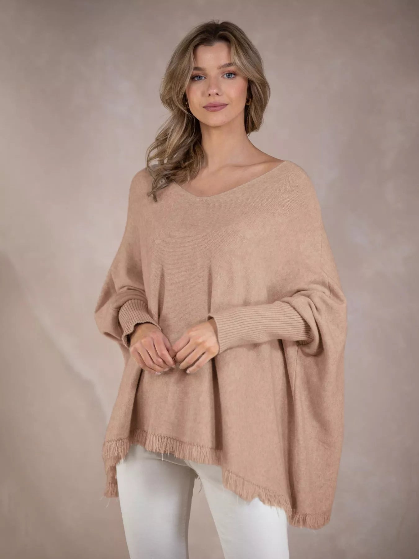 Khaki One Size Raw Hem V-Neck Sweater | Sweaters Daverri Fashions