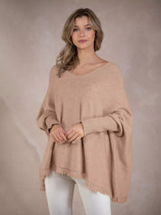 Khaki One Size Raw Hem V-Neck Sweater | Sweaters Daverri Fashions