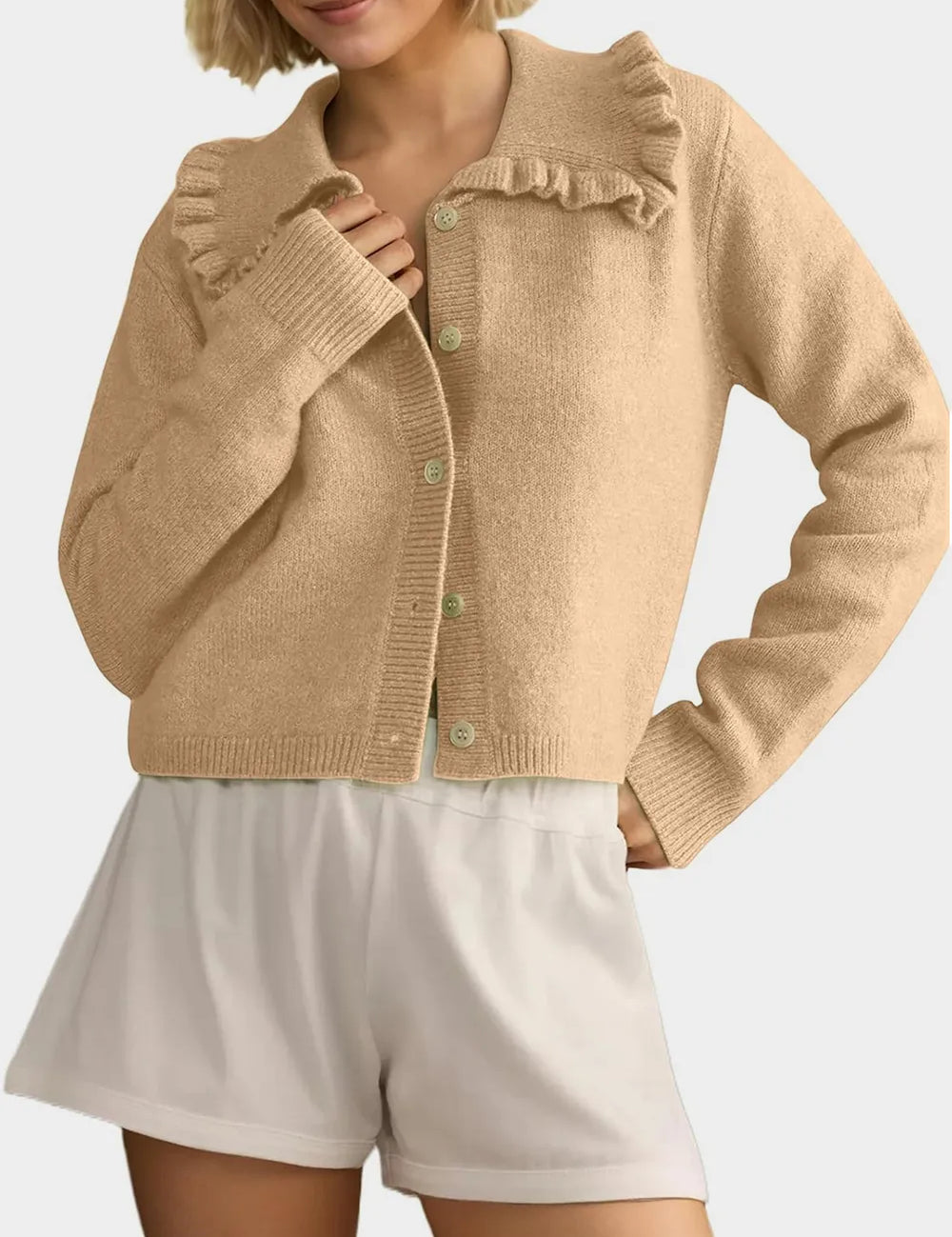 Frill Button Up Collared Neck Long Sleeve Cardigan | Cardigans Daverri Fashions