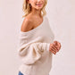 BiBi Waffle Knit Off-Shoulder Cream Ribbed Sweater with Voluminous Sleeves