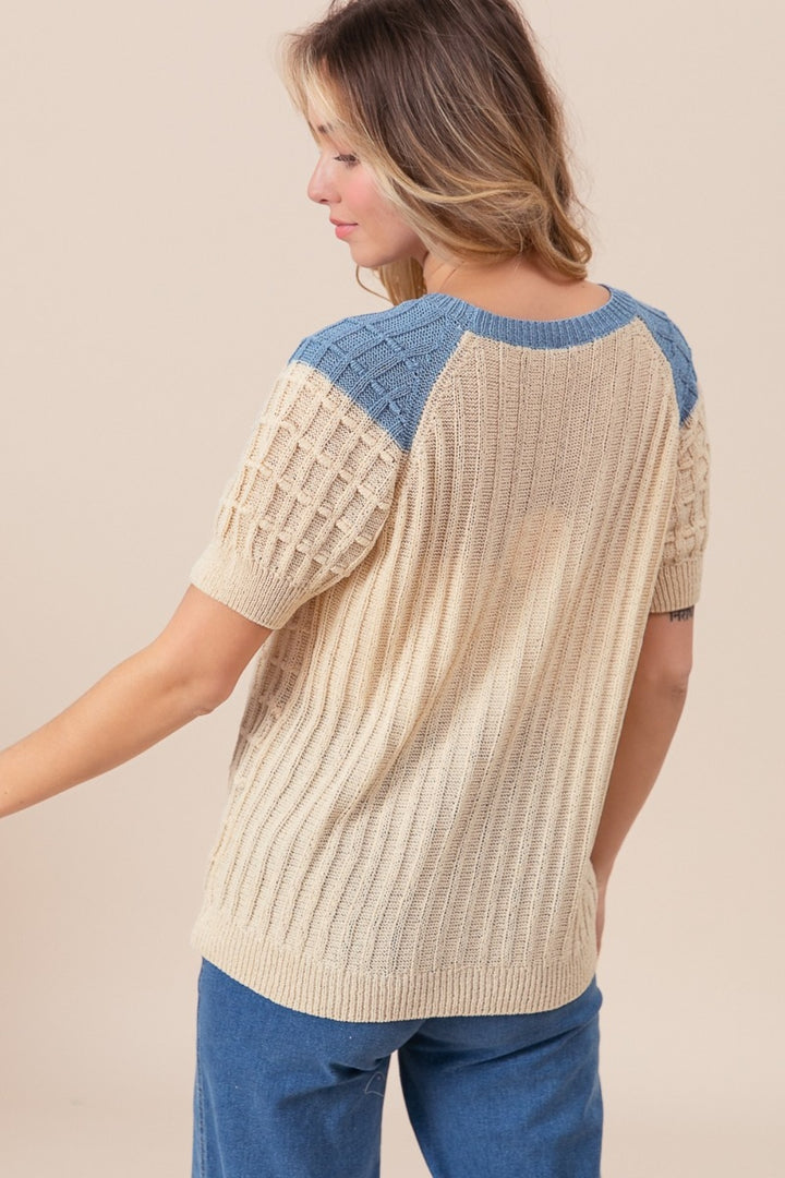 BiBi Textured Contrast Short Sleeve Sweater Sweaters