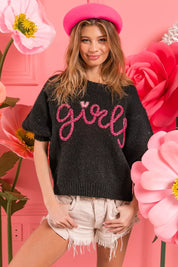 BiBi Metallic Letter Short Puff Sleeve Hairy Sweater | Sweaters Daverri Fashions