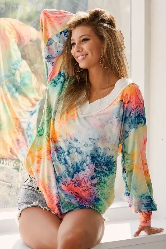 BiBi Tie Dye Soft Knit Jersey V-Neck Top MULTI Tops