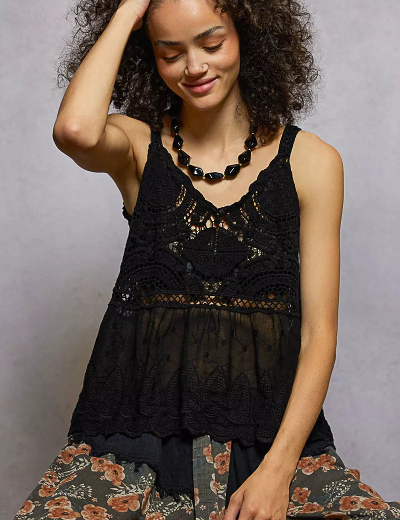 POL V-Neck Crochet Tank with Floral Embroidery Detail | Daverri Fashions