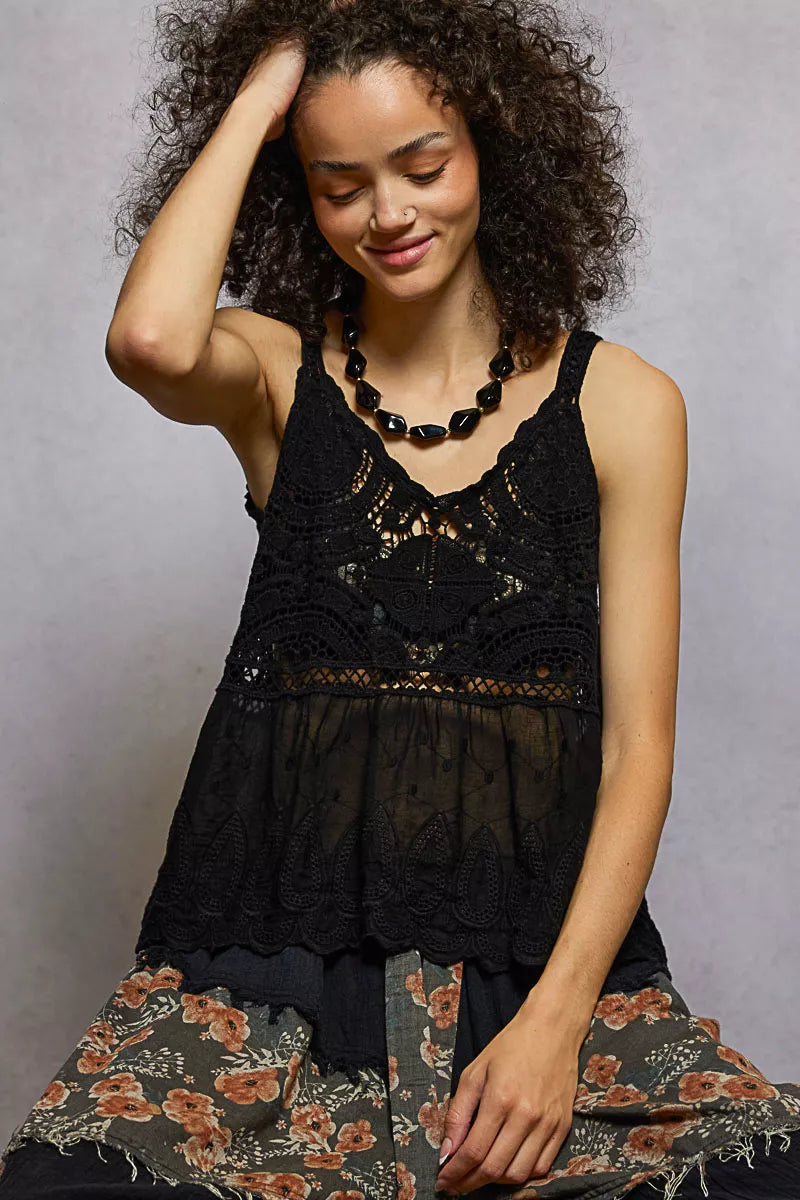 POL V-Neck Crochet Tank with Floral Embroidery Detail | Daverri Fashions