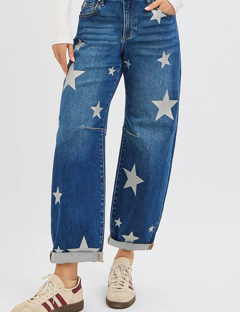 DARK RISEN Mid Rise Ankle Length Relaxed Barrel Star Printed Jeans | Jeans Daverri Fashions