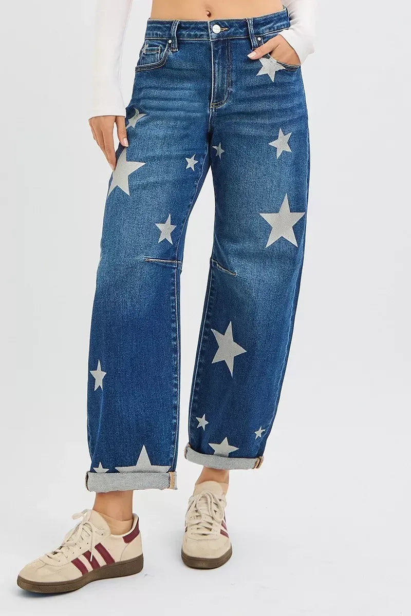 RISEN Mid Rise Ankle Length Relaxed Barrel Star Printed Jeans - DAVERRI FASHIONS