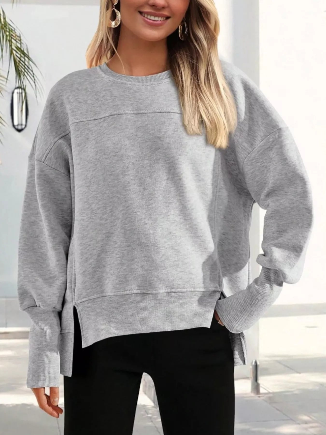 Slit Round Neck Dropped Shoulder Sweatshirt | Sweatshirts Daverri Fashions
