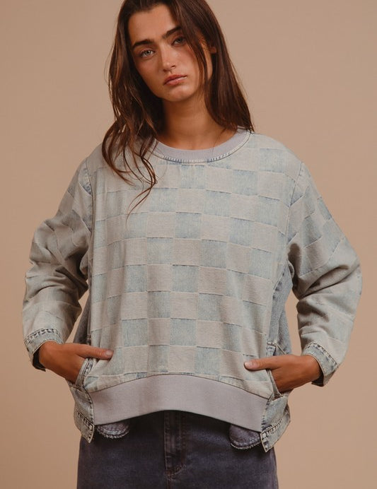 BiBi Mineral Washed Checkered Round Neck Denim Top DENIM