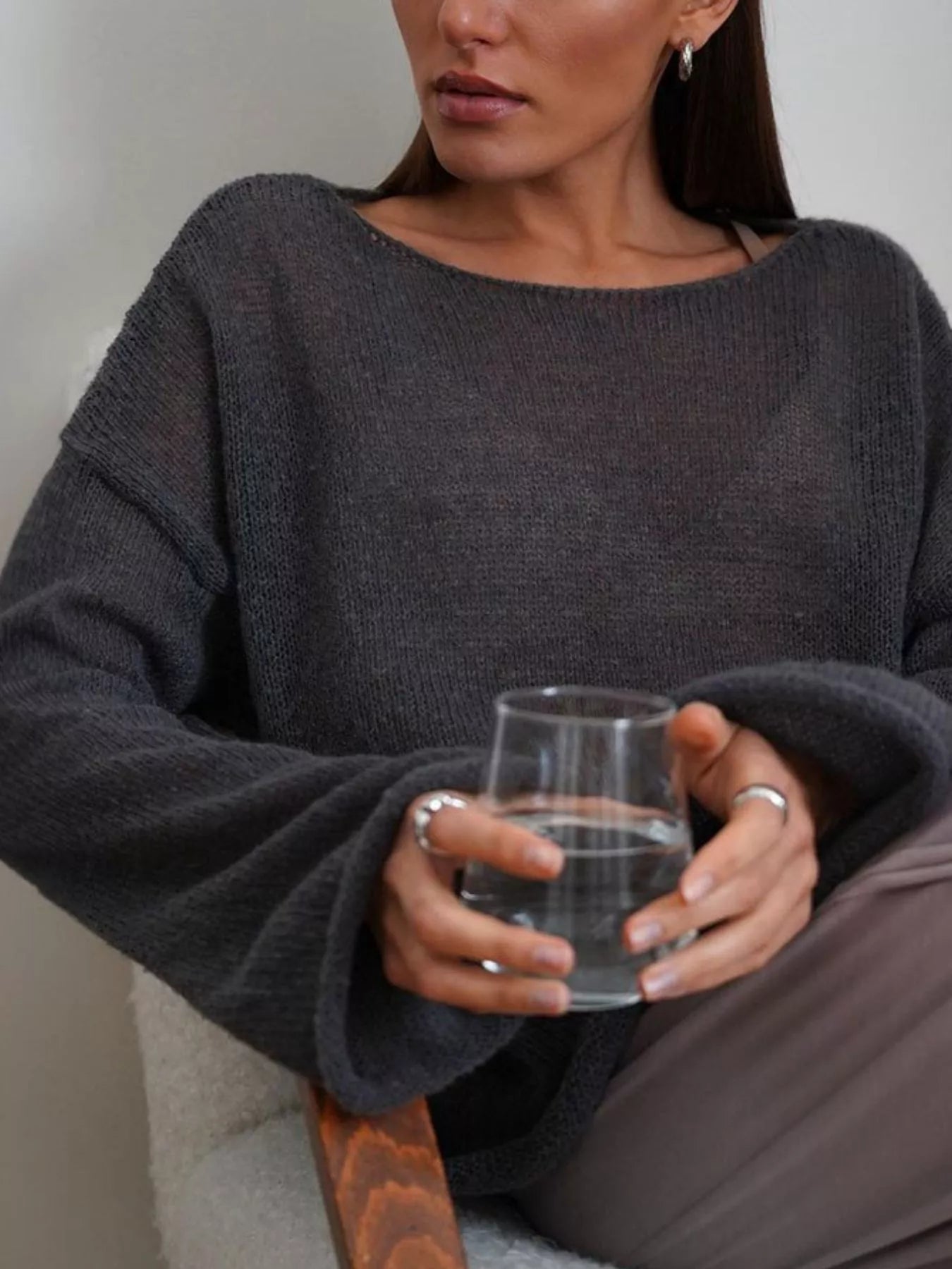 Cozy dark gray boat neck dropped shoulder sweater with wide sleeves