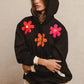 BiBi Floral Patched Black Hoodie Top Size L with red pink crocheted flowers