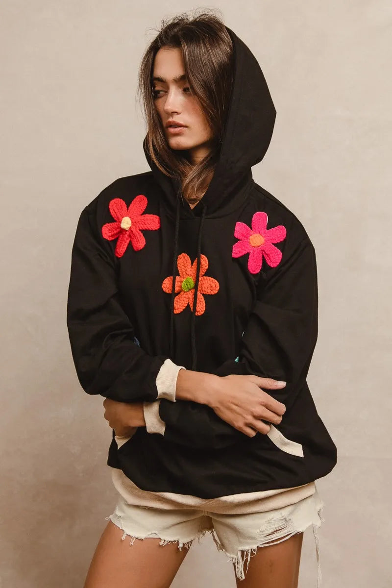 BiBi Floral Patched Black Hoodie Top Size L with red pink crocheted flowers